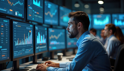 Business people analyze dashboard with sales, operations data, big data analytics in modern office. Corporate strategy, marketing, financial data on computer screen. Financial experts work with