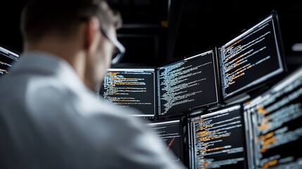 Focused programmer reviewing complex code on multiple monitors in a dark room.