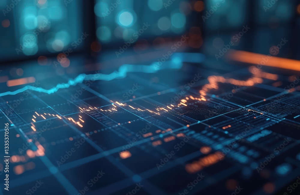 Poster futuristic dark financial data analysis. glowing blue, orange line graphs, charts, blurred backgroun