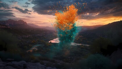 A burst of teal orange and gold Holi powders rising above a scenic valley at dusk