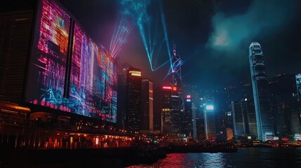 Naklejka premium Vibrant City Nightscape with Neon Lights and Laser Beams Emitting over Urban Skyline in Hong Kong