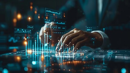 Businessman analyzing profitability of working company with digital augmented reality graphics Positive indicators 2025, businessman calculating financial data for long term investment business growth