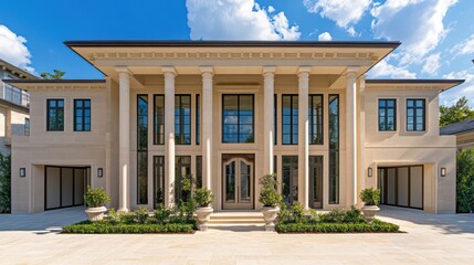 A grand modern classic house with light beige stucco walls, expansive windows, and columns at every entrance