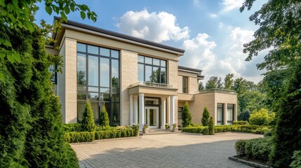 A grand modern villa with a beige stone facade, large windows, and a stone brick patio