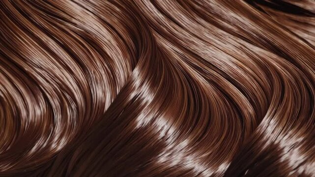 Shiny and smooth brown hair strands in soft waves, close-up texture. Beauty concept