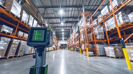 Fototapeta premium Warehouse Interior with Laser Measurement Tool and Organized Pallet Racks in a Modern Distribution Center