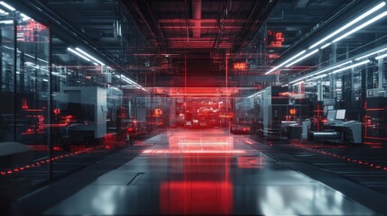 Futuristic Data Center with Neon Red Lights and Advanced Digital Technology Displays