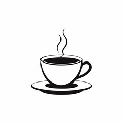 A clean and minimalistic black-and-white line art illustration of a steaming coffee cup on a saucer 