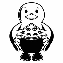 Fototapeta premium A clean, bold black-and-white line art illustration of a duck standing upright while holding a large slice of pizza 