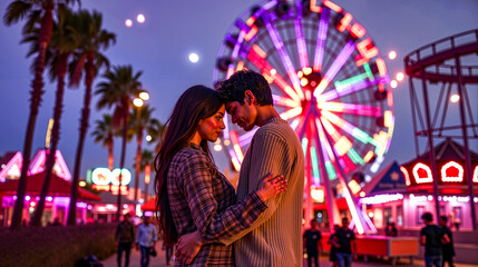 A man and woman standing in front of a ferris wheel at night