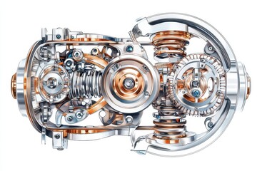 Complex internal mechanism of a metallic device shown in detail