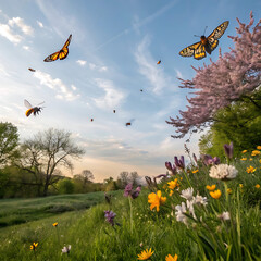spring meadow with flowers and butterflies