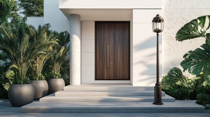 A luxurious modern house with sleek white walls and a striking wooden door, accented by natural stone elements