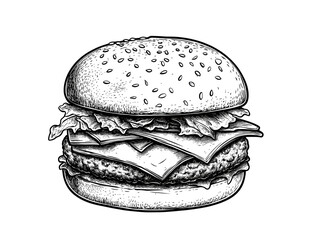  Black and white simple hand drawn big hamburger isolated on white background.