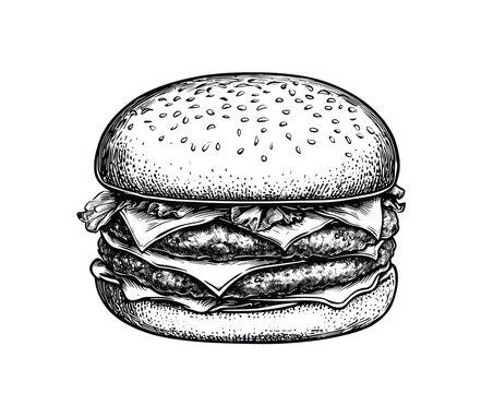  Black and white simple hand drawn big hamburger isolated on white background.
