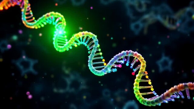 mRNA molecule inside a cell, directs protein synthesis as a green ribosome slides along, assembling colorful amino acids into a twisting chain