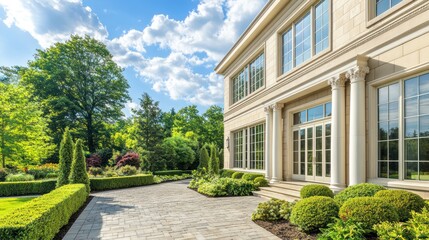 Naklejka premium A luxurious villa in a neo-classical style with beige stone and large windows