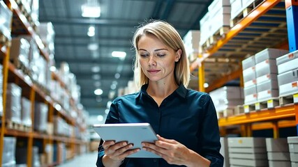 Caucasian female manager efficiently managing warehouse logistics using a tablet.