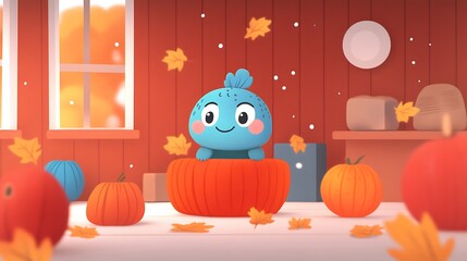 Obraz premium Cute cartoon character in pumpkin, autumn harvest scene.