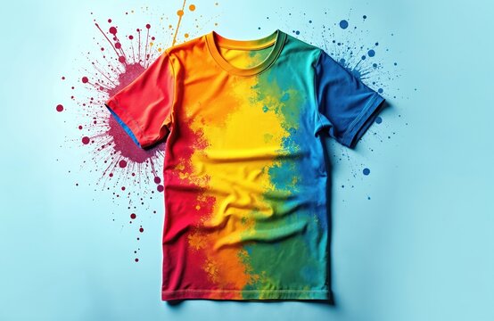 Rainbow t-shirt with vibrant colorful splashes on blue background. Artistic design element. Trendy fashion print for clothes, image for printing on fabrics, grunge wallpaper. Stylish graphic