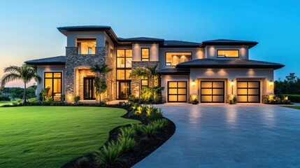 Fototapeta premium A luxury modern home with intricate stucco and stone details, wide windows illuminating the space with natural light