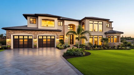 A luxury modern home with intricate stucco and stone details, wide windows illuminating the space with natural light