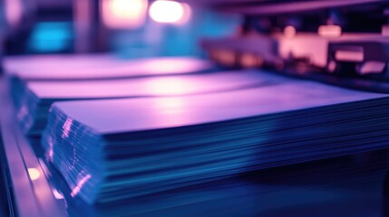 Close-Up of Printing Machine with Glossy Paper Sheets in Vibrant Neon Lighting for Technology and Industry Concepts