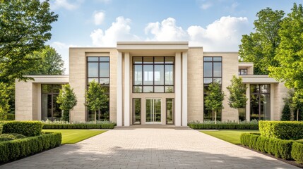 Fototapeta premium A luxury modern house with beige stone exterior and large windows, surrounded by a stone brick patio