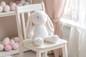 children's chair with a white plush bunny sitting on it, pastel Easter eggs in the background