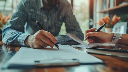 Real estate agent talked about the terms of the home purchase agreement and asked the customer to sign the documents to make the contract legally, Home sales and home insurance concept.