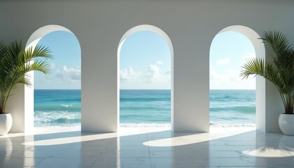 Minimal sea view through white arches with palm trees on a sunny day. Tropical beach resort banner mockup. Summer vacation and paradise concept with elegant interior design.