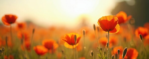 Fototapeta premium Scenic view of red poppy field with sun beams. Landscape of meadow with vibrant poppies in sunlight evokes calmness, joy and happiness. Summer wildflower blooming floral background.