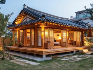 Fototapeta premium A beautiful traditional wooden house lit up at dusk