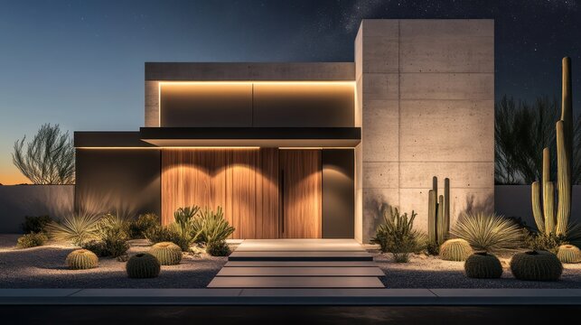 A minimalist modern house in the desert with a striking concrete and wood facade