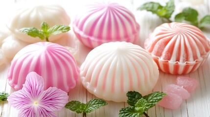 Colorful, swirled, dome-shaped candies with mint and flowers.