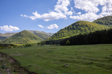 A scenic late spring landscape in Lori Province, Northern Armenia, showcasing lush green hills and...