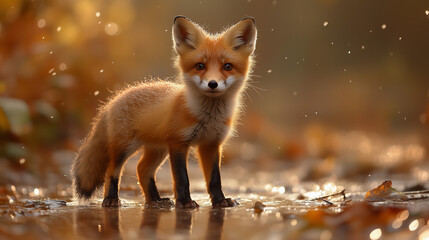 Obraz premium Red Fox Standing In Golden Sunlight In A Wet Autumnal Forest With Bokeh Background