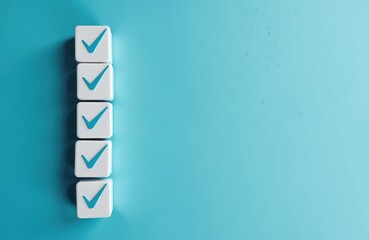 Completed checklist on blue background. White cubes marked with blue ticks, task completion, readiness, compliance. Symbol for achievements, validation, confirmation for business, career projects.