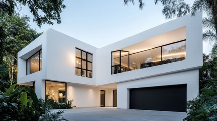A minimalist modern house with white angular walls and large, expansive windows
