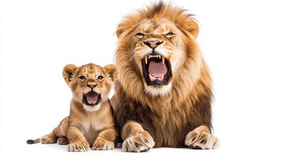 Fototapeta premium A fierce lion and its cub roar together, showcasing their powerful presence and bond in a striking display of strength and raw emotion.