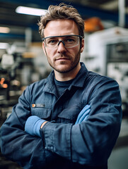 Male machine operator wearing protective gloves, navy-blue work uniform, safety glasses. Posing arms crossed in factory