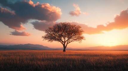 Fototapeta premium A solitary tree stands in a golden field during sunset, surrounded by soft clouds and distant mountains, creating a serene and picturesque landscape.