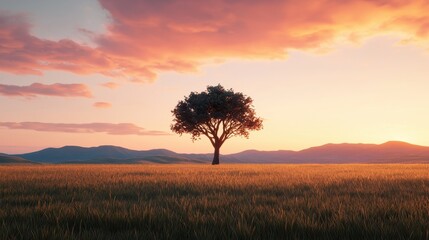 A solitary tree stands against a vibrant sunset, surrounded by golden fields and distant mountains, creating a serene landscape.