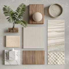 create a realistic japandi interior design mood board with wood, fabrics, marble tiles and plants with light colours 