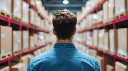 A person stands in a warehouse, facing rows of stacked boxes, suggesting a sense of contemplation or decision-making in a logistics environment.