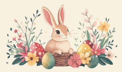 Charming Easter Basket with Bunny, Colorful Eggs, and Floral Decoration for Spring Celebration