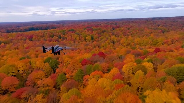 Aerial drone flight over colorful autumn trees, showcasing vibrant fall foliage.
