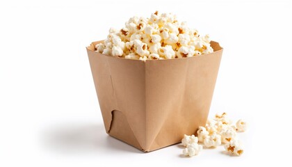 Popcorn in a brown paper container on white background.