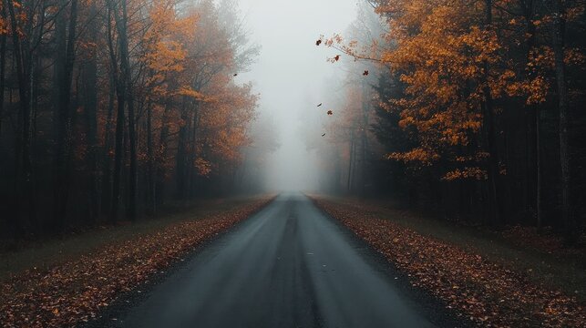 A foggy road lined with autumn trees, showcasing vibrant orange leaves against a misty backdrop, evoking a serene and mysterious atmosphere.