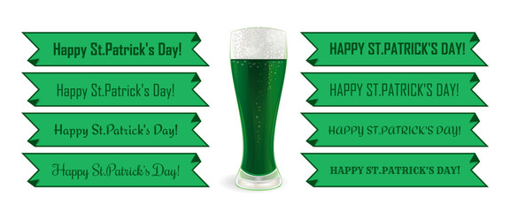 Happy St. Patrick's Day. Set of St. Patrick's Day greetings around a glass of green ale. Vector illustration © kiberstalker